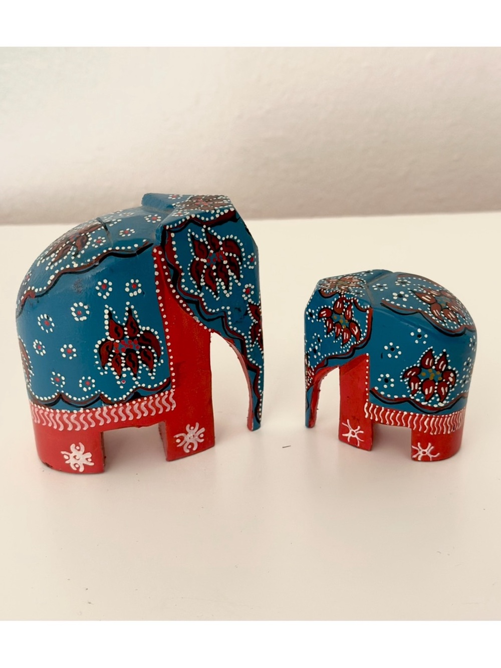 Vintage Hand Painted Wooden Elephant Figurines Set of 2 Indian Folk Art Decor